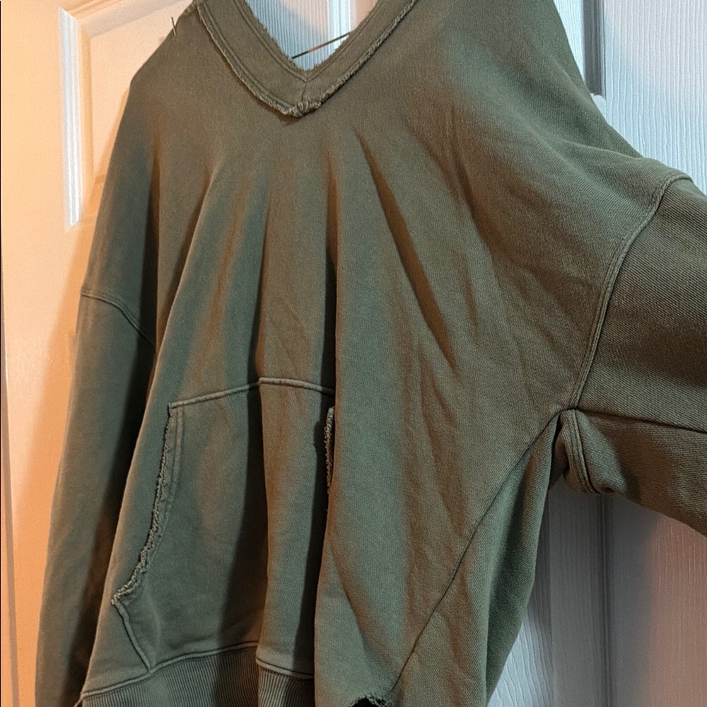 aerie Olive Green V‑Neck Distressed Sweatshirt